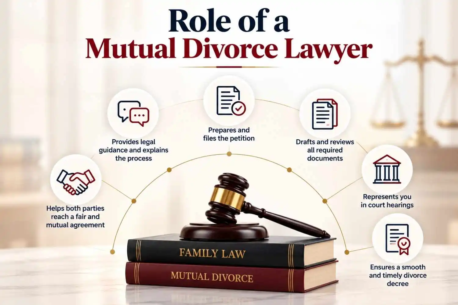 Role of a mutual divorce lawyer in providing legal guidance, preparing documents, filing petitions, representing clients in court and obtaining a divorce decree
