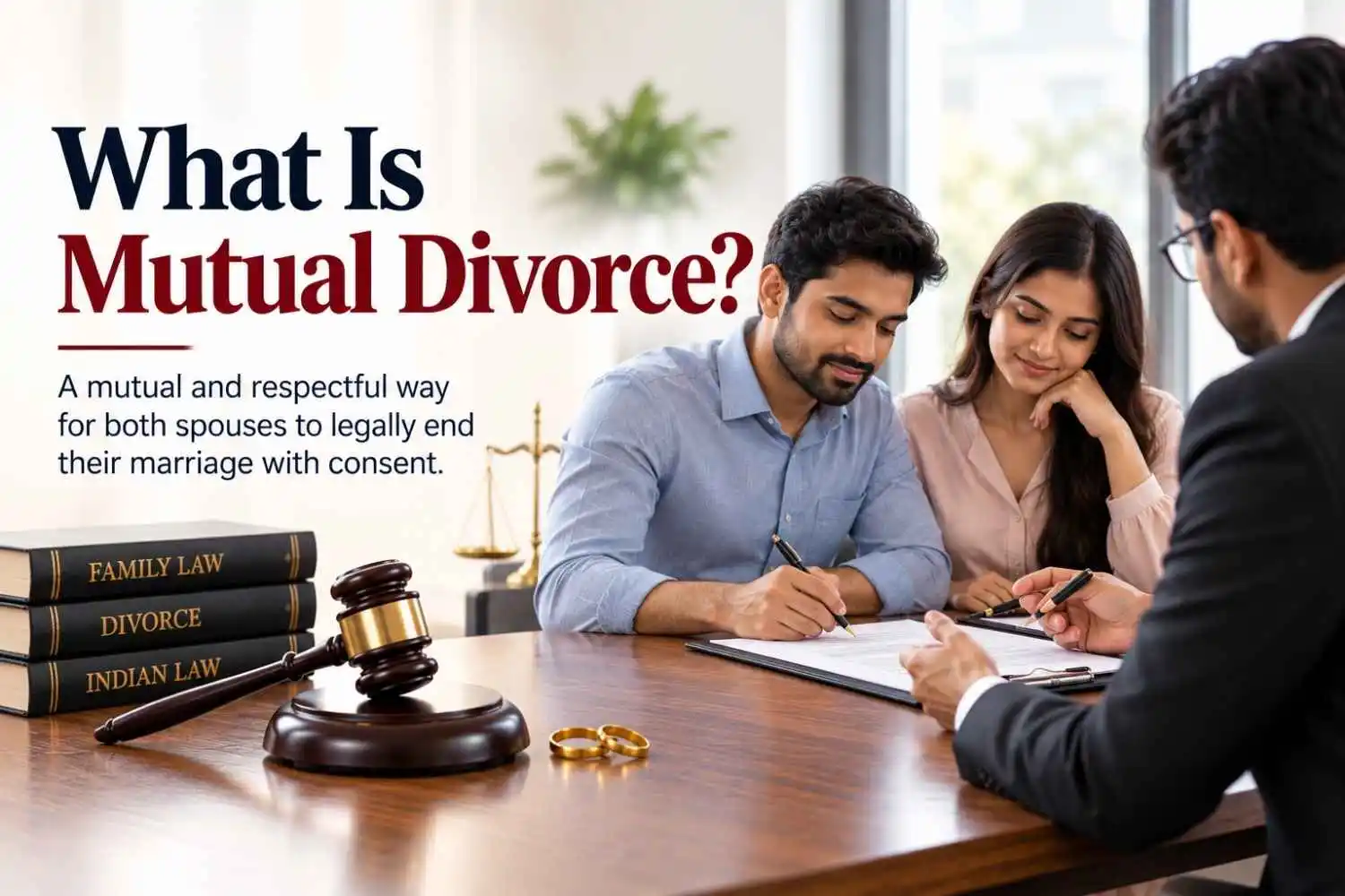 Mutual divorce consultation between spouses and a lawyer explaining the legal process under Indian law
