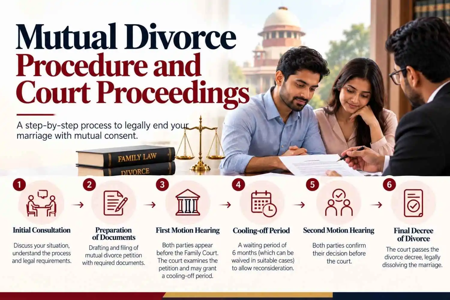 Mutual divorce procedure in India showing consultation, document preparation, first and second motion hearings, cooling-off period and final divorce decree